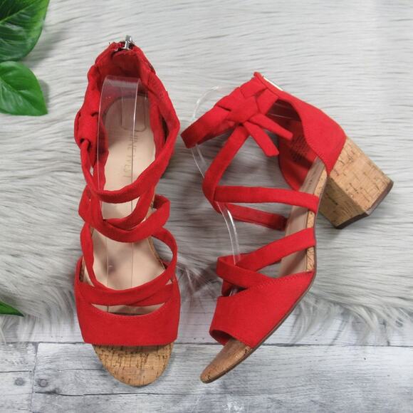 NINE WEST Give It To Me Red Suede Strappy Cork Heel Sandal Women’s Size 7.5 - Picture 4 of 15